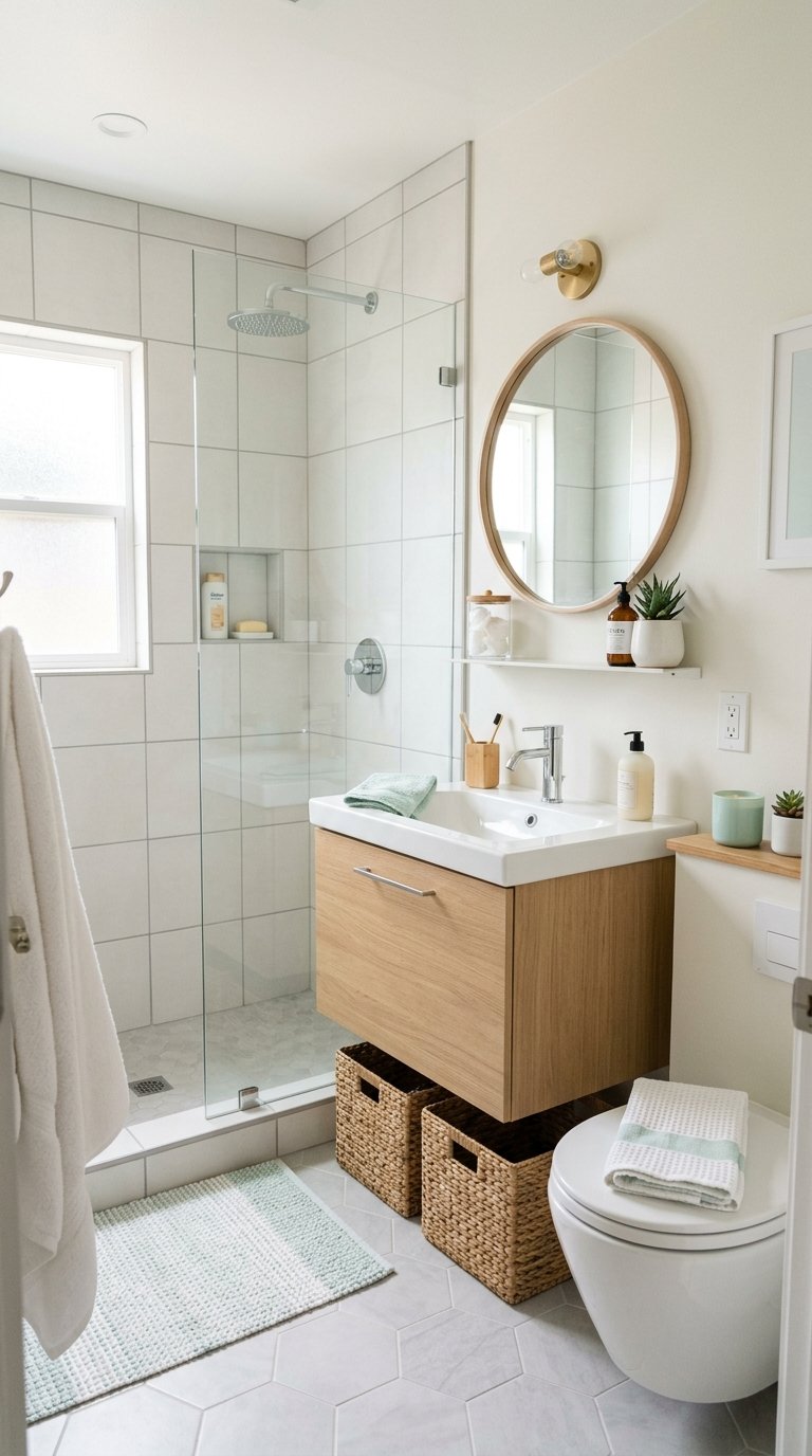 A modern bathroom featuring a glass-enclosed shower with a rainfall showerhead, a wooden floating vanity with a white sink, and a round mirror above it. The floor is tiled, with a textured mat nearby. Woven storage baskets are placed under the vanity, and a few decorative items, including plants, are arranged on the shelves.