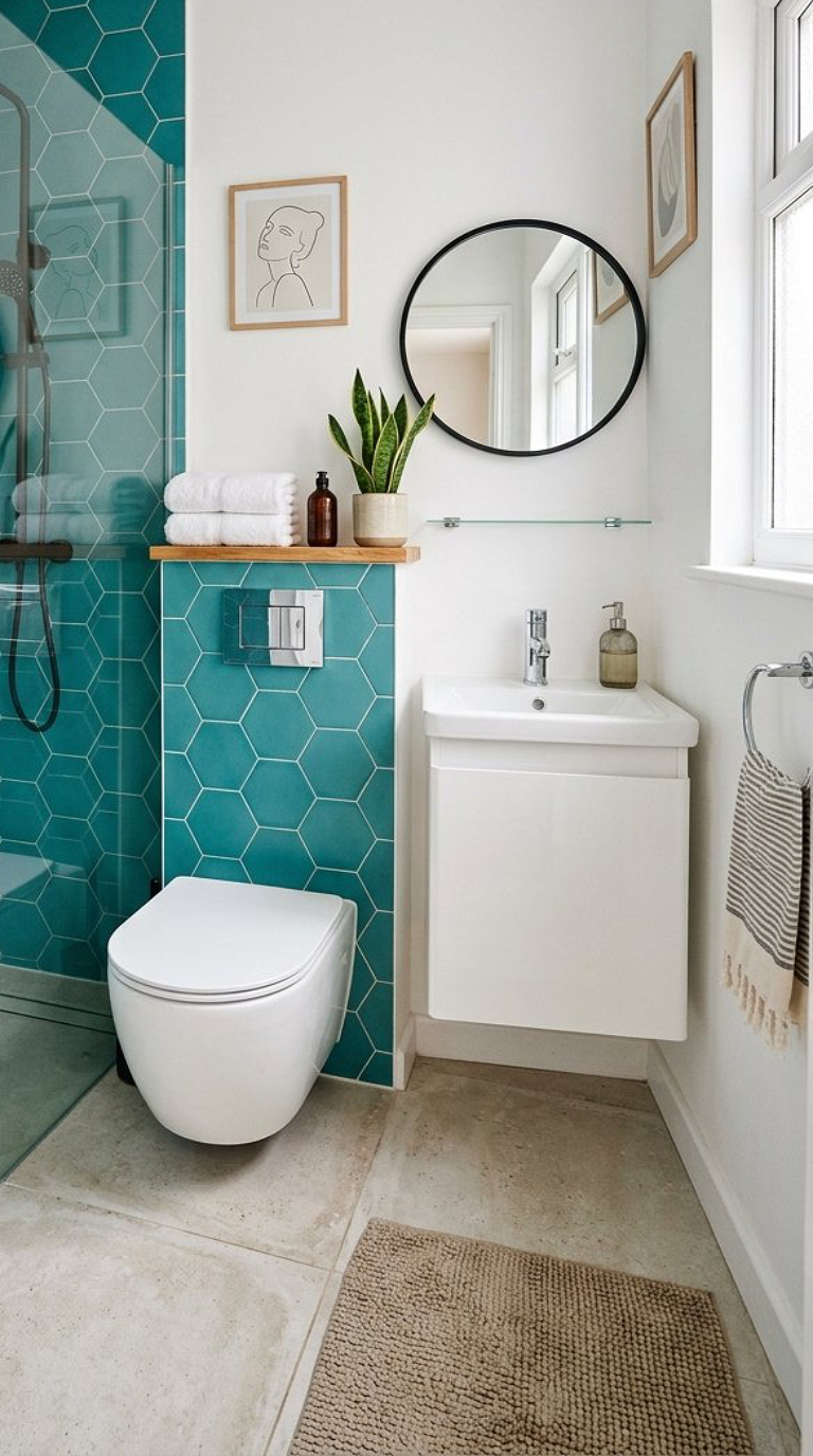 Modern bathroom with hexagonal teal tiles, a white toilet, small sink, and a round mirror. A shelf above the toilet holds towels and a plant, with light decor elements including wall art and a textured rug on the floor.