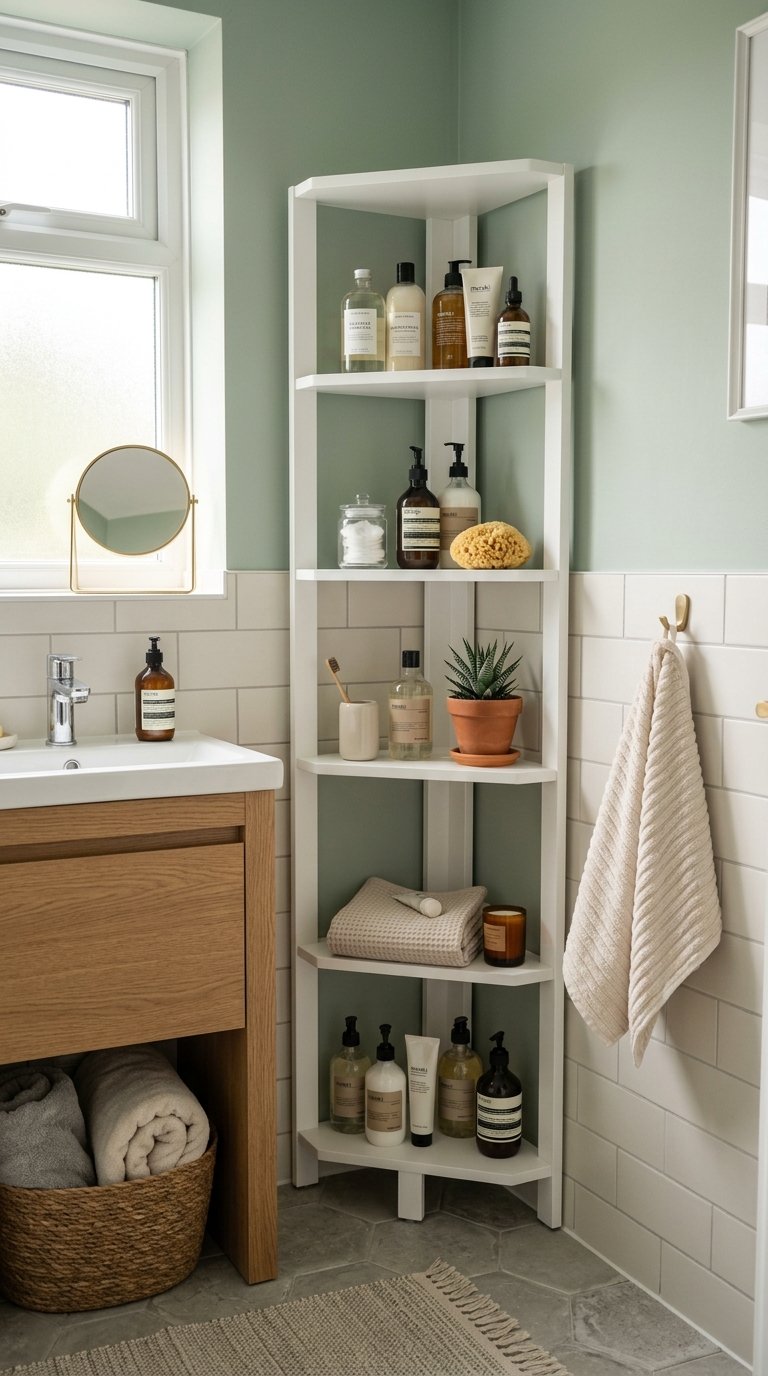A neatly organized bathroom corner with a white corner shelf holding various toiletries and a small potted plant, next to a sink with a wooden cabinet and a round mirror above. A soft towel hangs on a wall hook, and a woven basket with towels is under the sink.