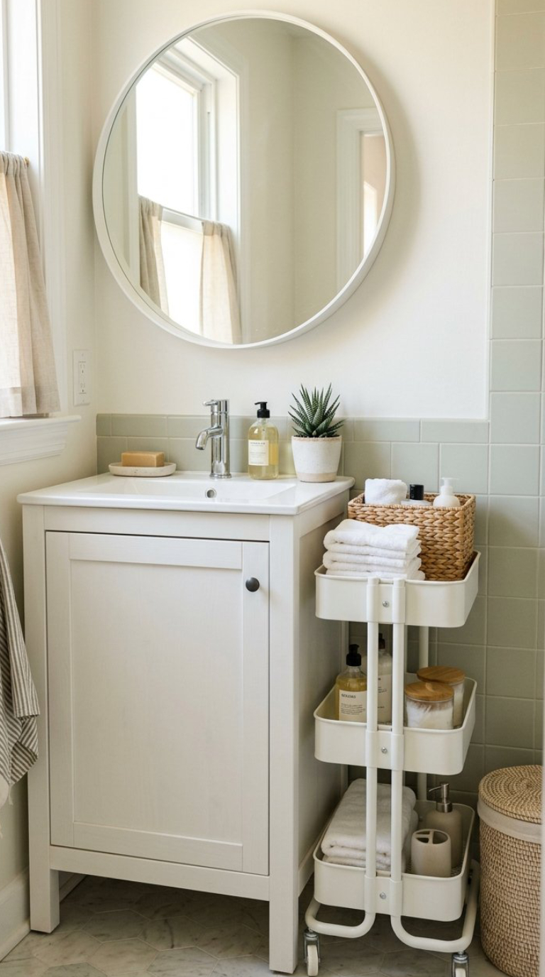 A bathroom with a round mirror above a white vanity. The vanity has a sink with a chrome faucet, a soap dispenser, and a small potted plant. Next to the vanity is a white rolling cart with shelves containing towels, soap dispensers, and a woven basket, accompanied by a cylindrical wicker laundry basket.
