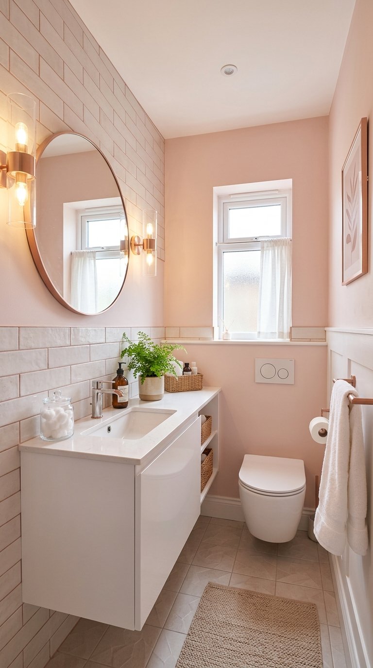 A small, bright bathroom with pink walls featuring a round mirror above a modern white vanity with a sink. There are wall-mounted light fixtures on either side of the mirror, a toilet with a dual-flush plate, and a window with sheer curtains. Accessories on the sink include potted plants, soap dispensers, and a basket. The floor is tiled, and a small rug is placed in front of the vanity.