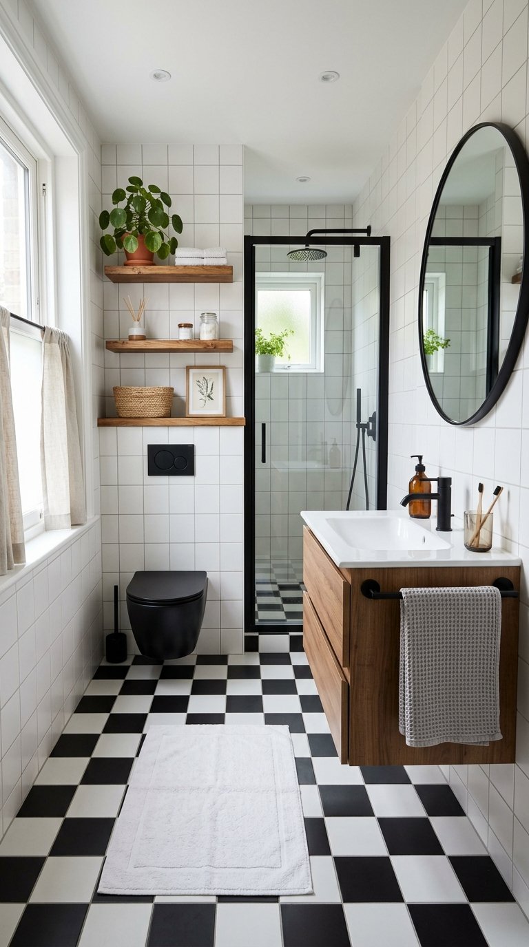 A modern bathroom featuring black and white checkered floor tiles, a wall-mounted black toilet, and a wooden vanity with a white sink. A round mirror hangs above the sink, and a glass shower enclosure is visible. Wooden shelves hold various items, including a plant and toiletries.