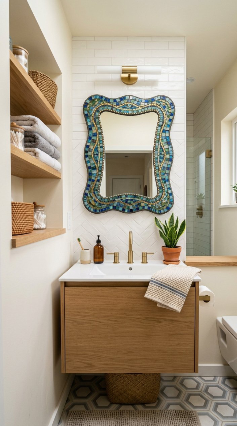 A modern bathroom featuring a rectangular wooden vanity with a white countertop, a brass faucet, and a potted plant. Above the sink is an intricately designed mosaic mirror with blue and green tiles, illuminated by a sleek wall light. The walls have white chevron-patterned tiles, and open shelving displays towels and baskets. The floor is covered with hexagonal tiles.
