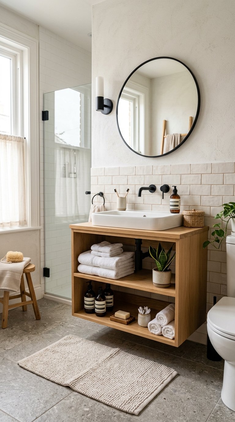 A modern bathroom with a round mirror above a wooden vanity, which has a white vessel sink and black fixtures. The shelves below hold neatly folded towels, bottles, and a small potted plant. Natural light enters through windows beside a glass shower enclosure, and a woven rug is on the tiled floor.