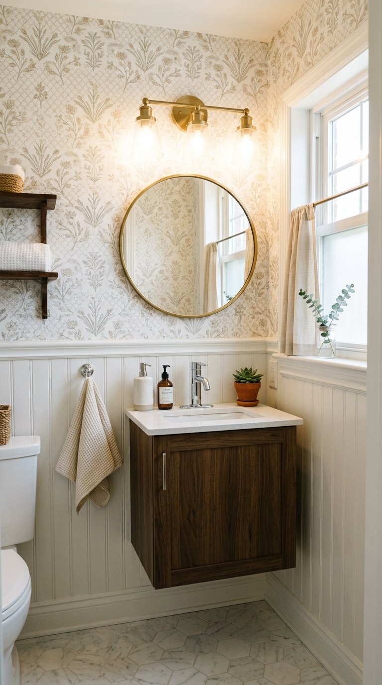 A modern bathroom featuring a round mirror with a brass frame above a wooden vanity with a white countertop. The bathroom has patterned wallpaper and a small window with curtains. A shelf with towels, a hanging towel, and a potted plant are visible, along with a set of three light fixtures above the mirror.