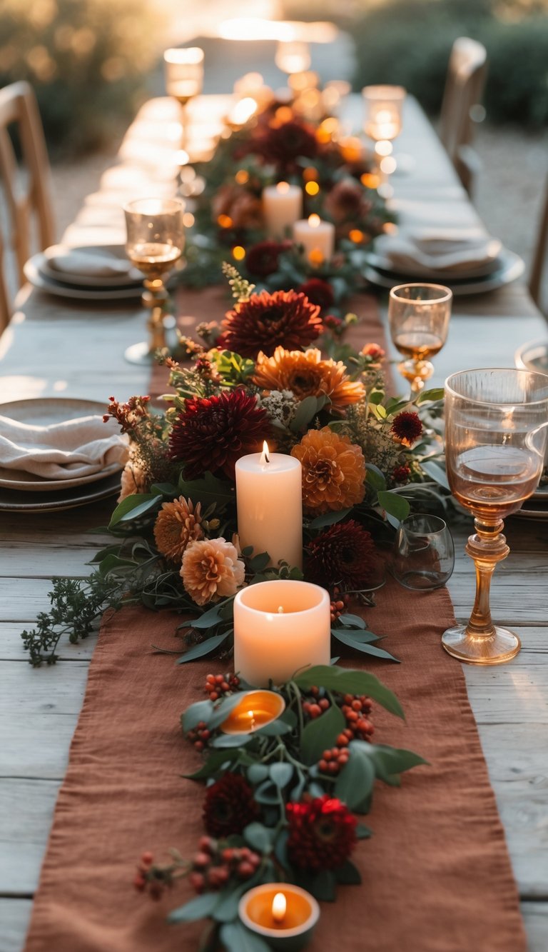 A long table set with a terracotta runner, floral centerpieces, candles, plates, and glassware under natural sunlight.