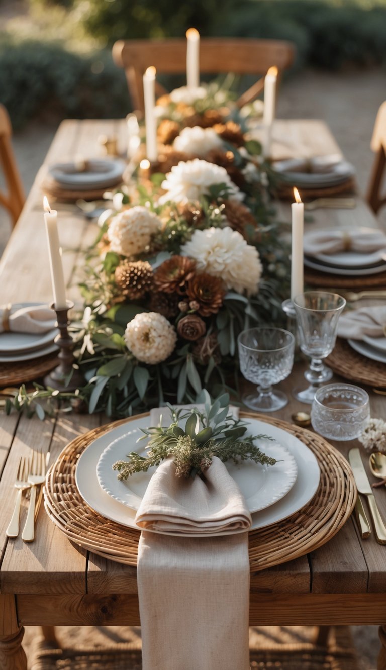 A full view of a wooden table set with wicker charger plates, floral centerpieces, candles, and tableware in natural light.