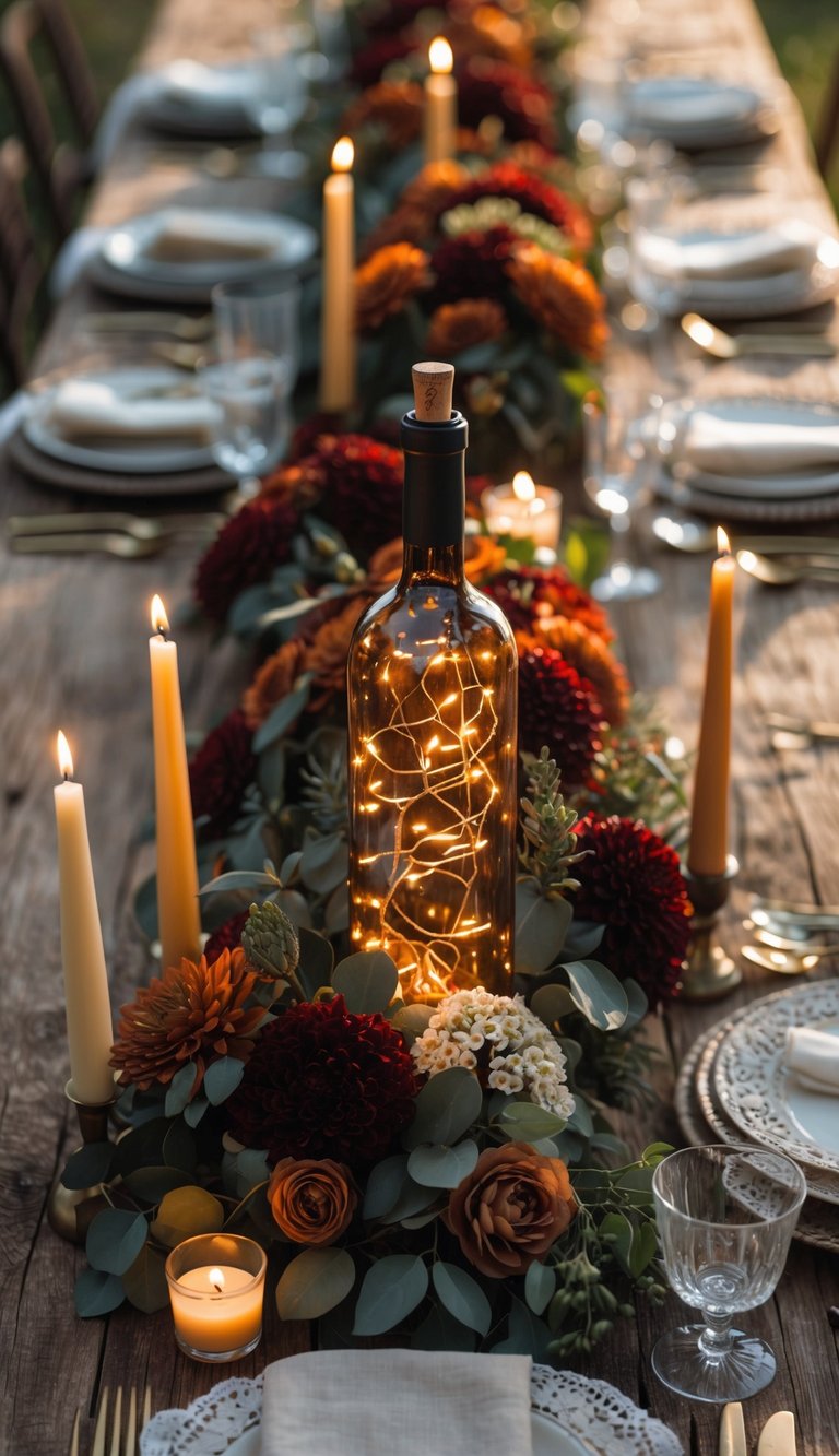 A rustic wooden table set with a wine bottle containing lights, surrounded by flowers and candles, arranged for a festive gathering.