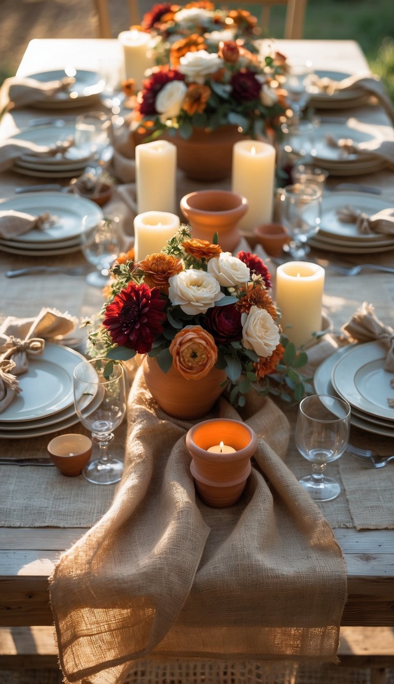A full view of a rustic outdoor table set with a burlap tablecloth overlay, decorated with floral centerpieces, candles, plates, and glassware.