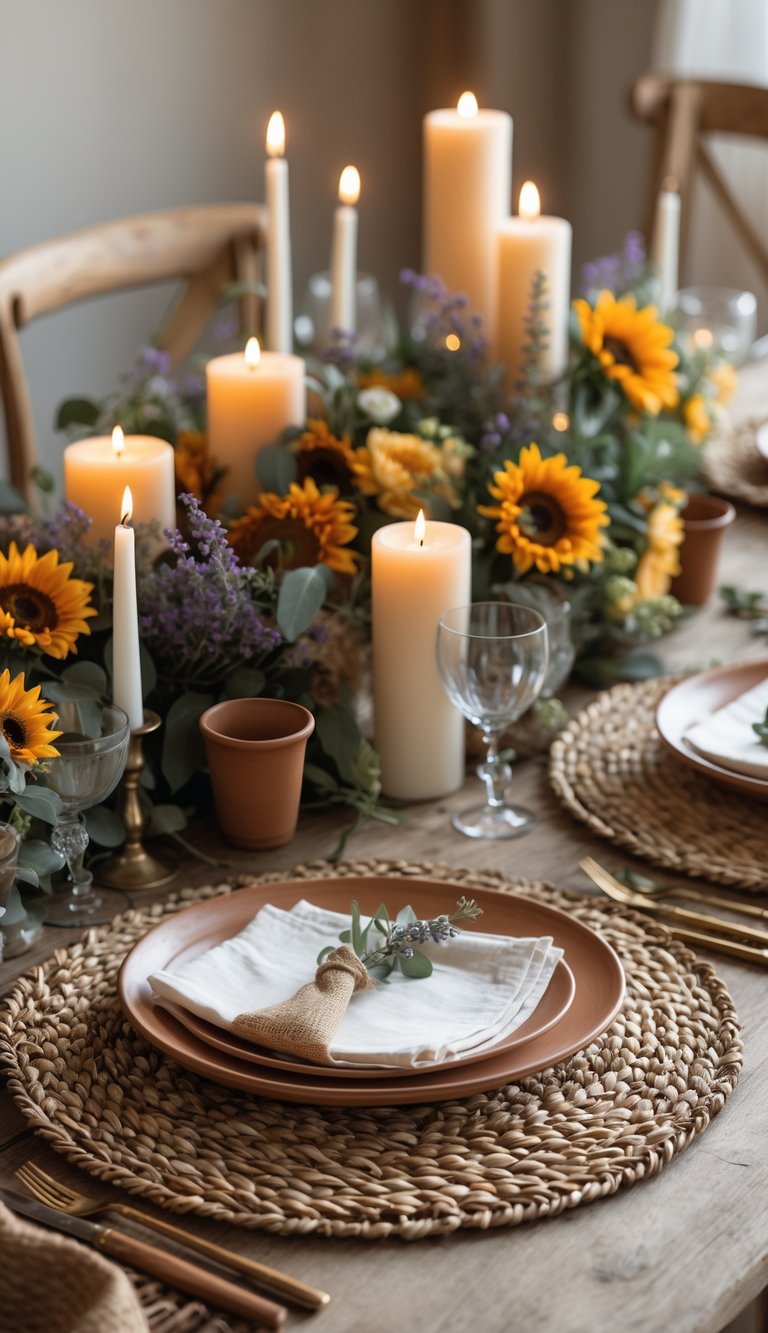 A full view of a table set with handwoven straw placemats, floral centerpieces, candles, and rustic tableware under natural light.