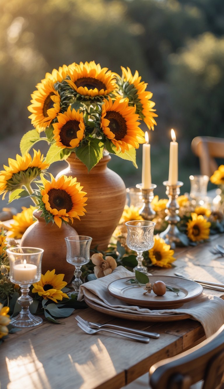 A wooden table set with a sunflower centerpiece, candles, and floral accents in natural daylight.