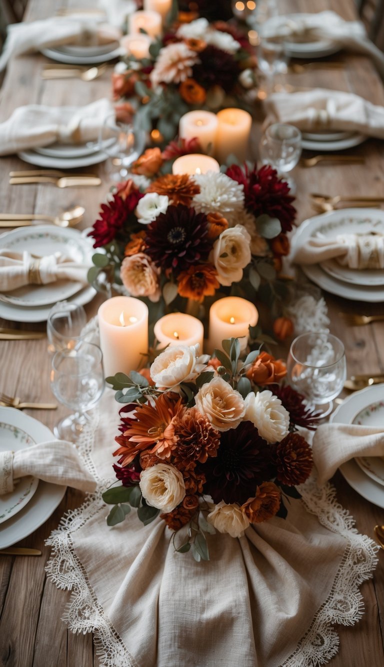 A beautifully set wooden table with linen napkins featuring lace trim, floral centerpieces, and lit candles arranged for a festive gathering.