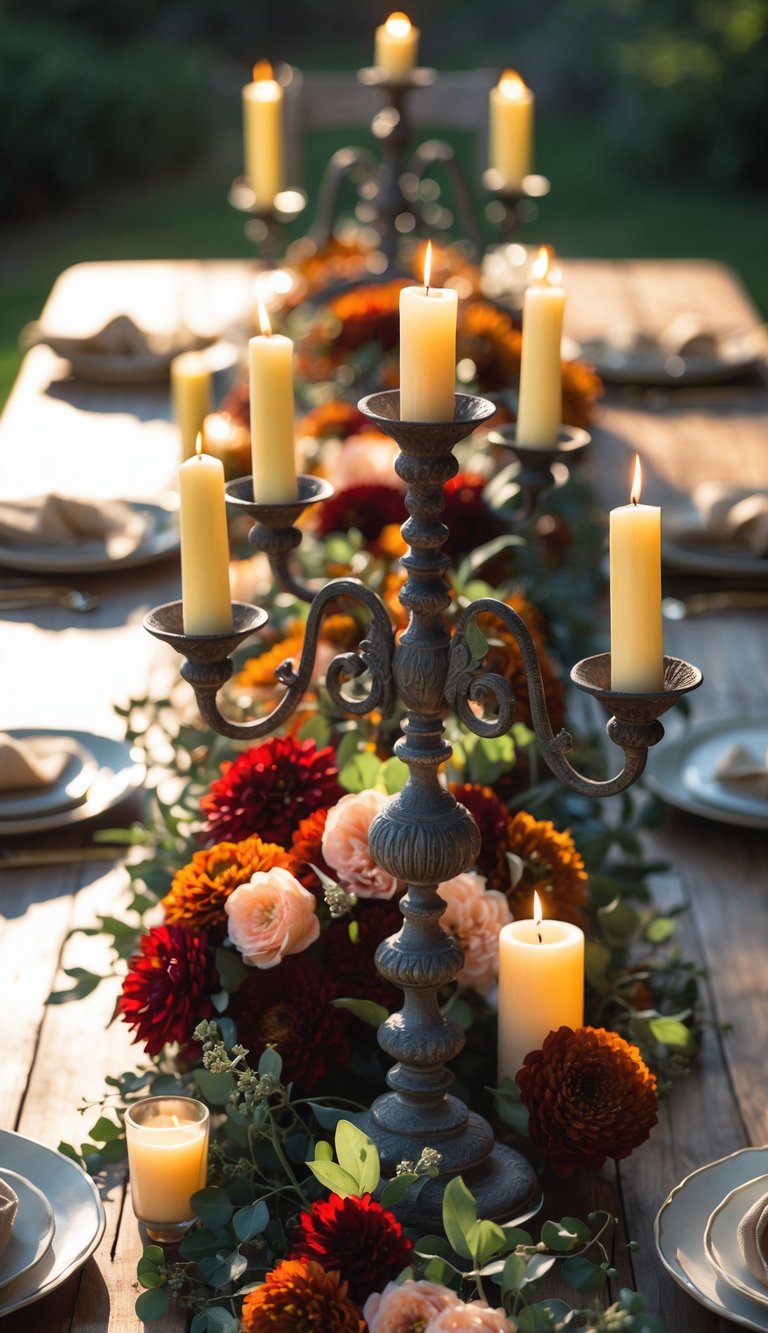 A full view of a dining table set with a vintage wrought iron candelabra, candles, floral arrangements, and tableware, all illuminated by natural light.