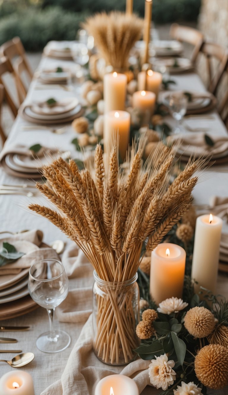 A full table set with golden dried wheat bundles, candles, florals, and rustic tableware in natural daylight.