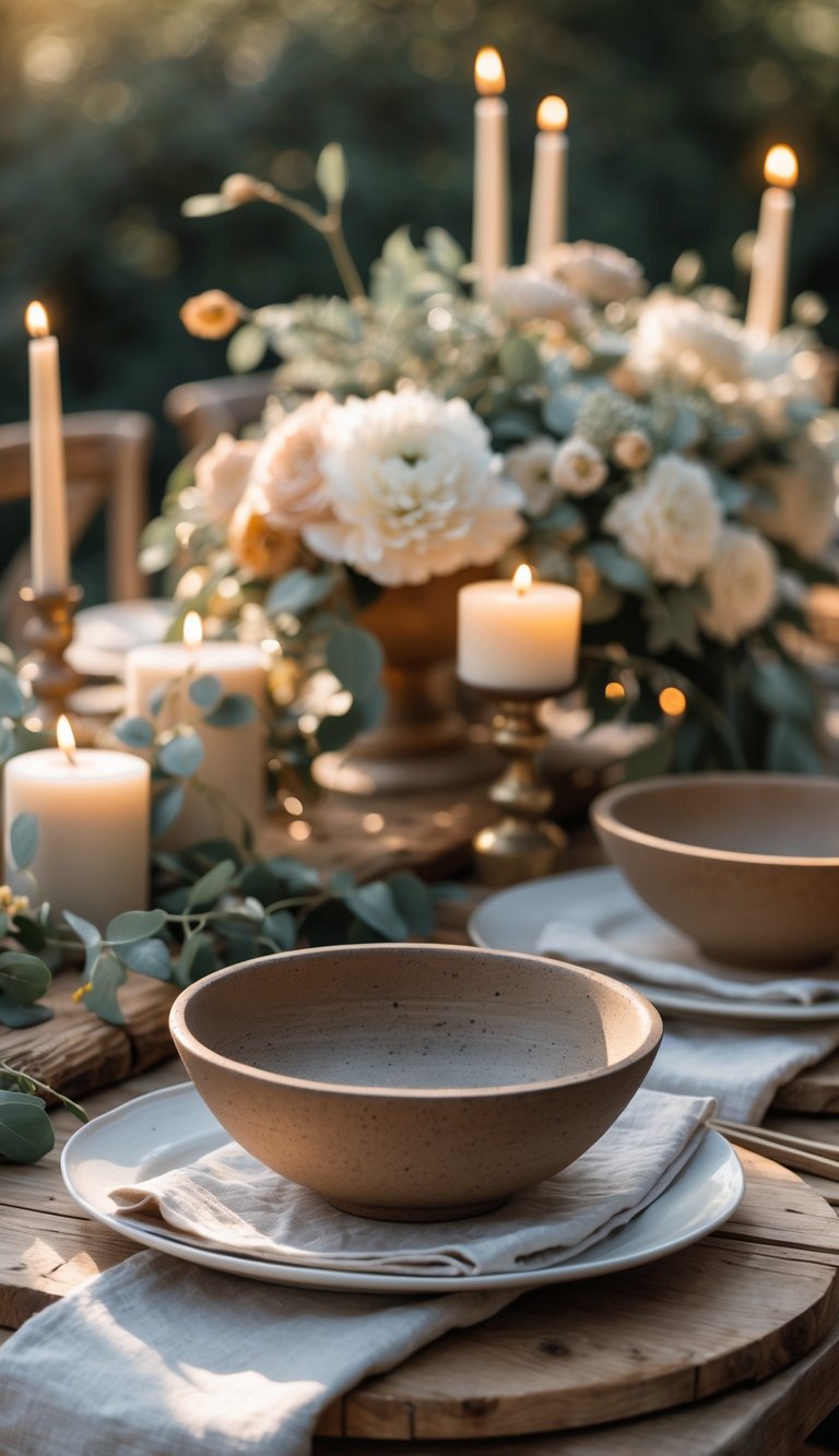 A full view of a table set with stoneware olive bowls, floral centerpieces, candles, and rustic decorations under natural light.