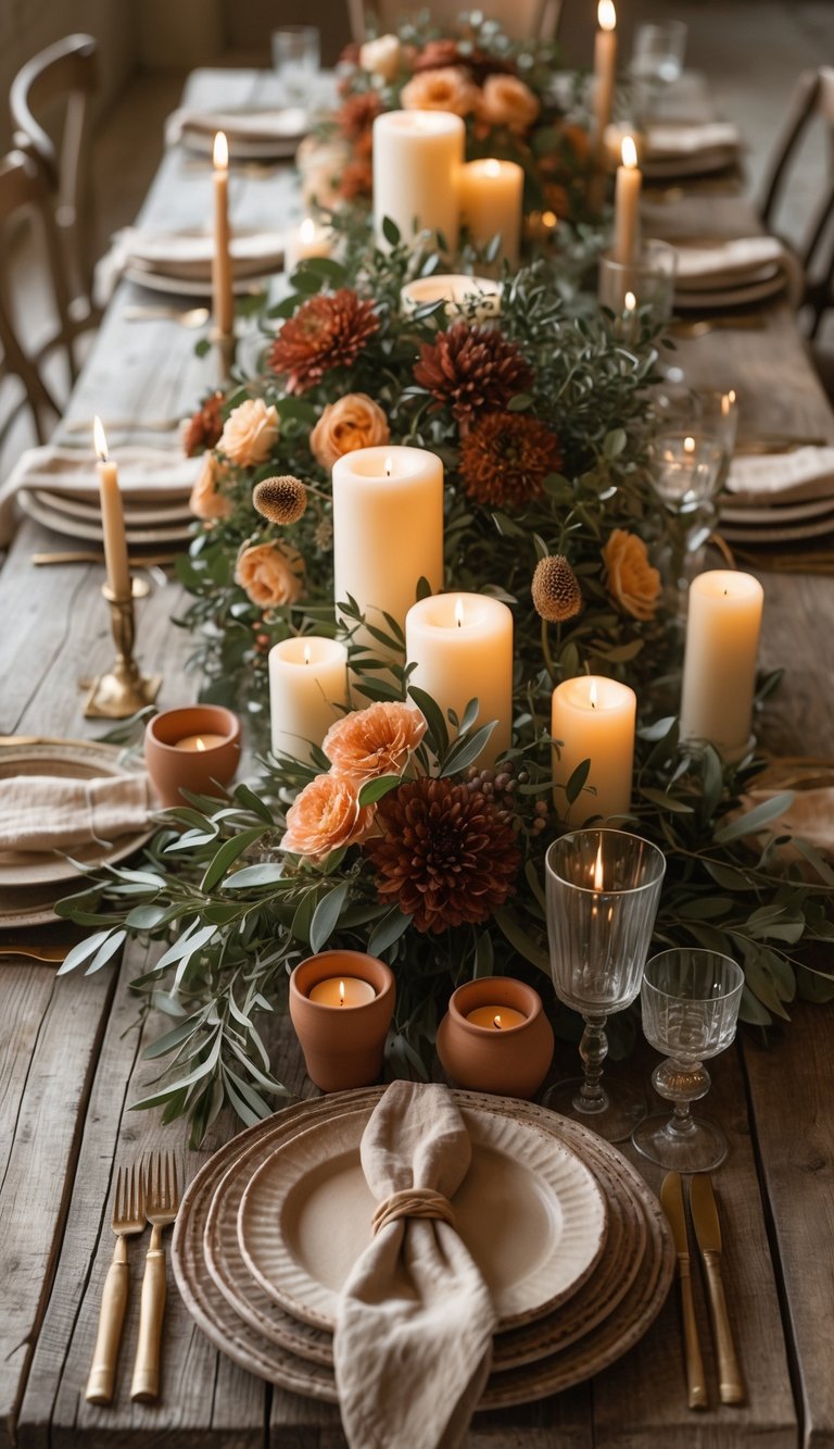 A full view of a wooden table set with floral centerpieces, candles, ceramic plates, and glassware in a warm, natural setting.