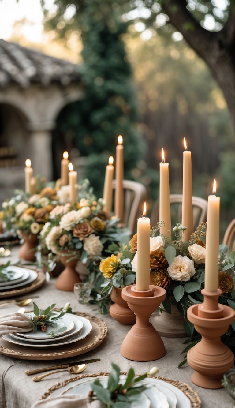A full view of a table set outdoors with clay candle holders, candles, floral arrangements, and rustic tableware.