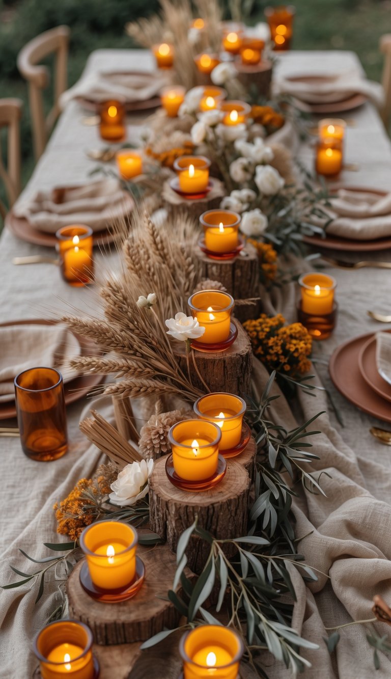A full view of a Tuscan-style table set outdoors with amber tea light holders, rustic floral centerpieces, candles, and natural tableware under soft natural light.