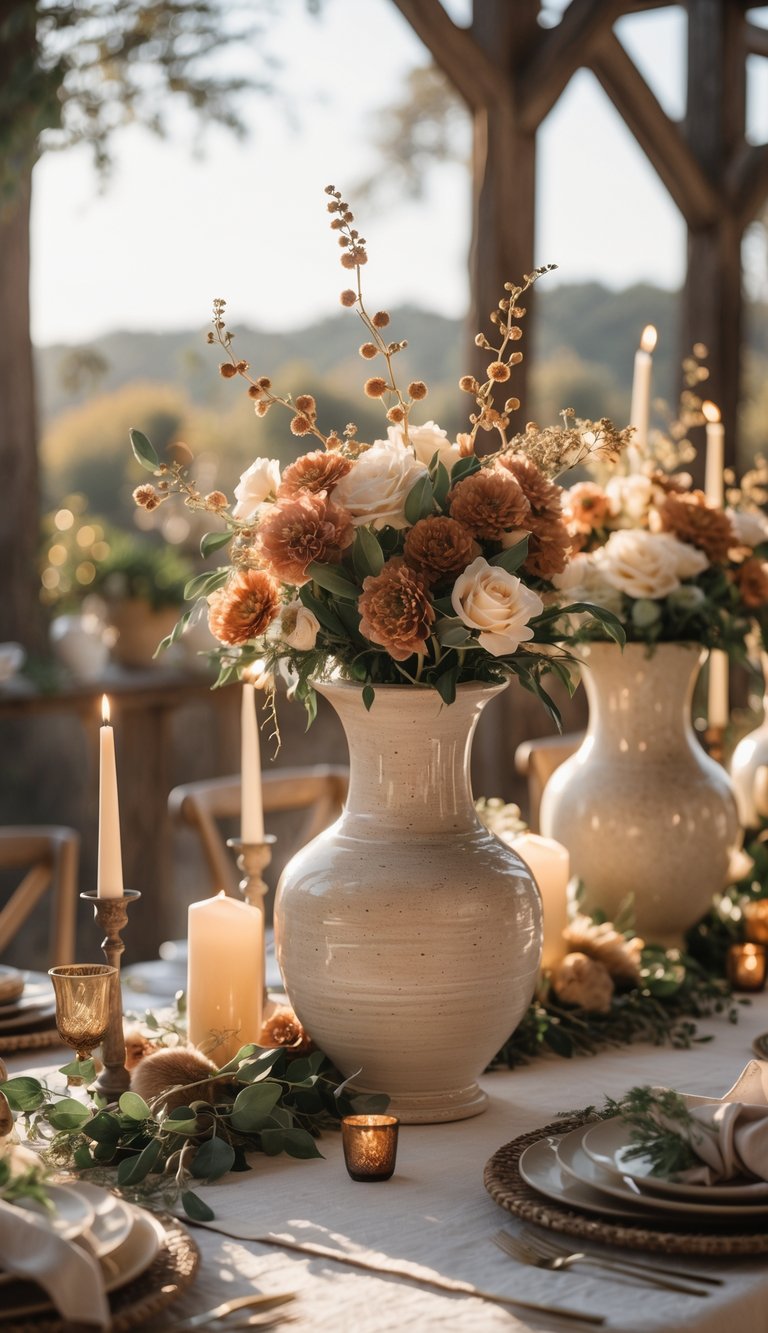A full view of a dining table set with ceramic vases, candles, florals, and tableware, arranged for a festive gathering in natural light.