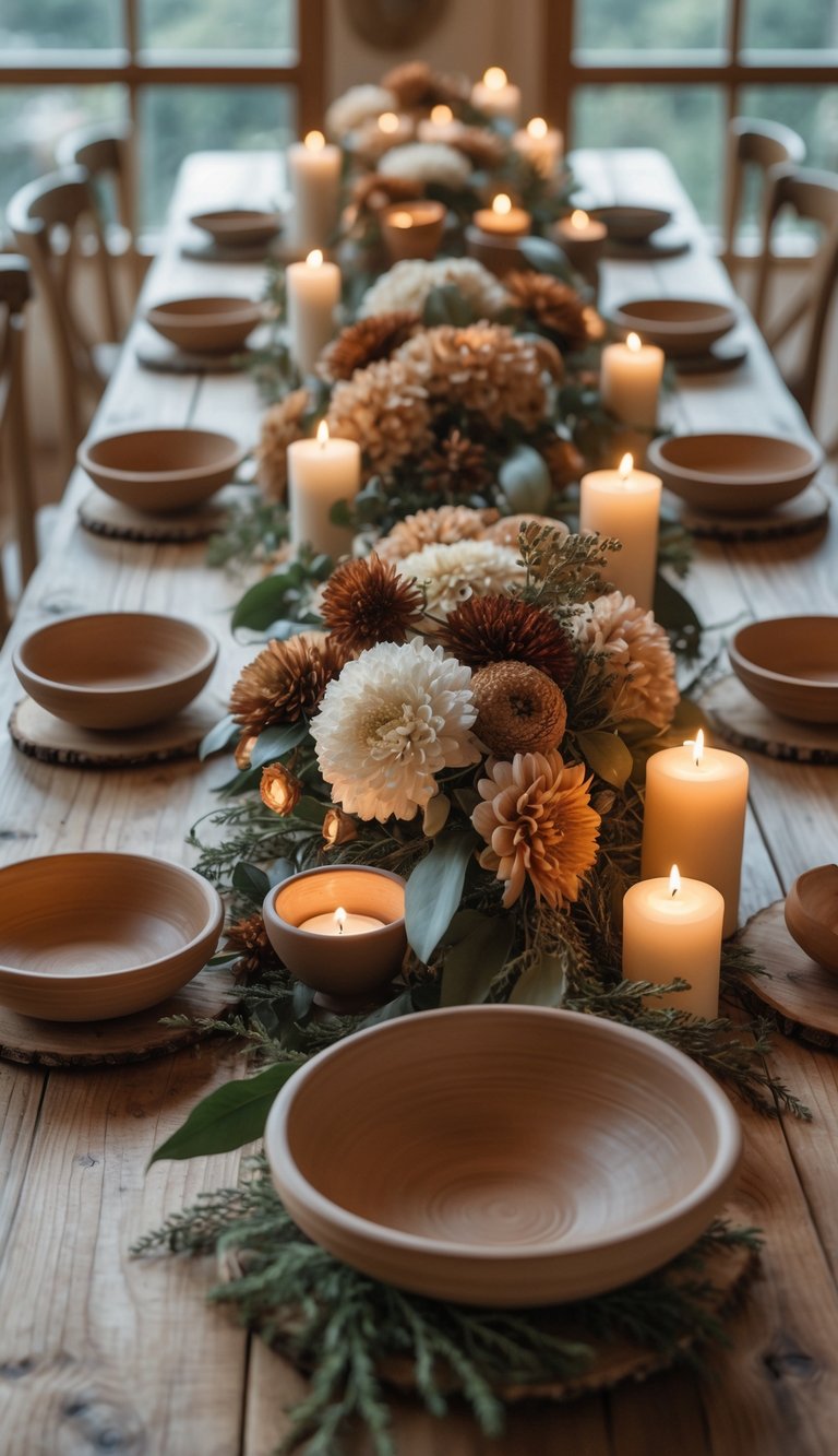 A long wooden table set with hand-thrown pottery bowls, floral centerpieces, and lit candles in natural daylight.
