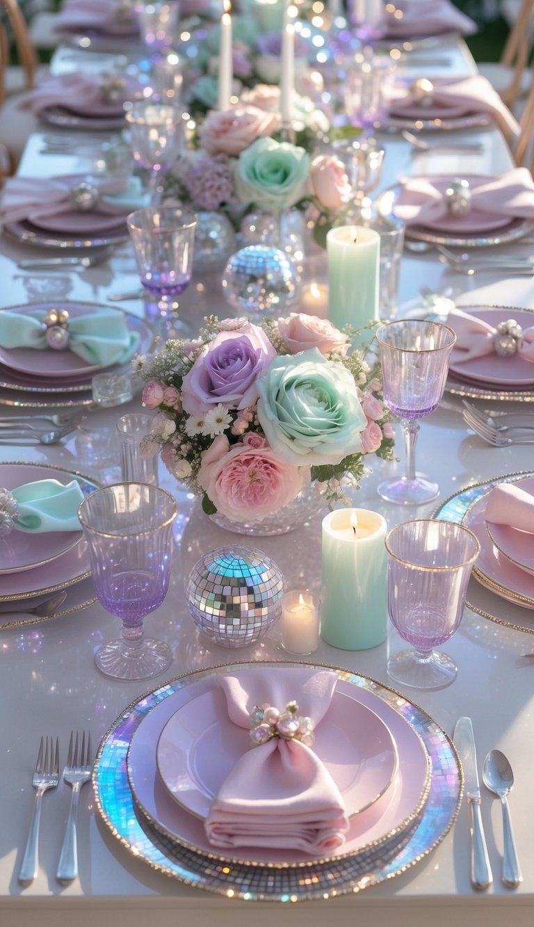A full table set with pastel-colored iridescent glassware, floral centerpieces, candles, and disco-themed decorations under natural light.