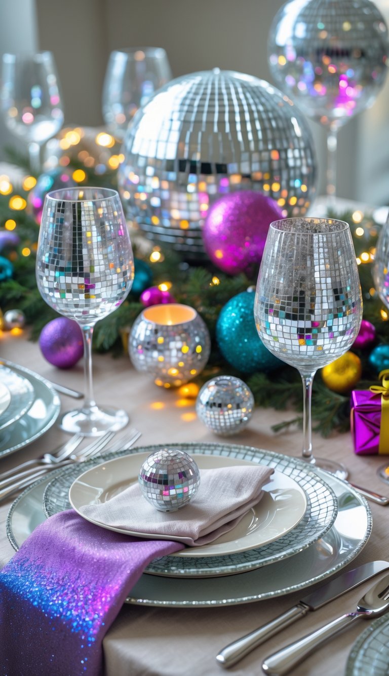 A fully set event table with glittery wine glasses, disco ball centerpieces, plates, silverware, and colorful decorations under natural light.