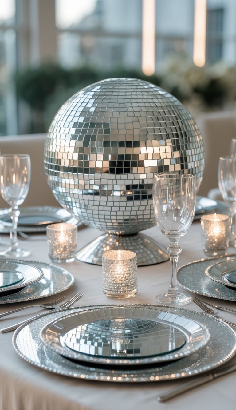 A full table set with a large mirrorball centerpiece and silver charger plates, surrounded by glassware and candles on a bright, decorated table.