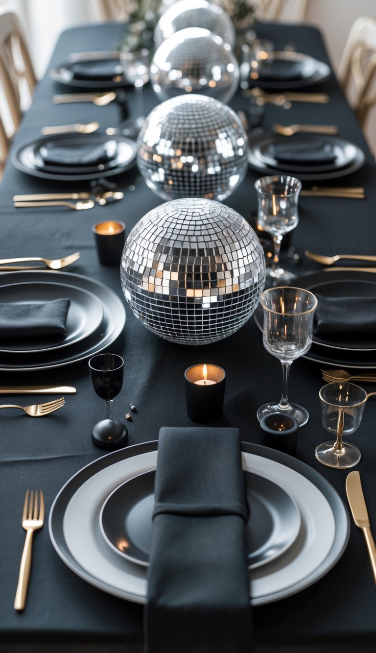 A black tablecloth-covered table set with black plates and a mirrorball centerpiece reflecting light, surrounded by glassware and candles.