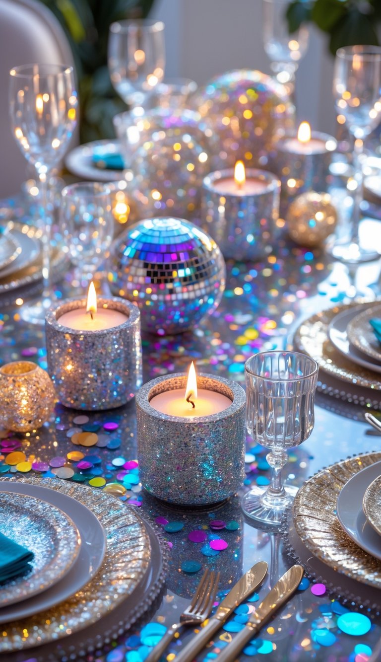 A festive table set with glitter-covered candle holders, sparkling glassware, and colorful disco decorations arranged neatly for a holiday celebration.