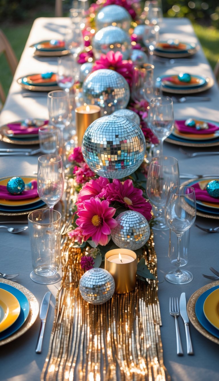 A fully set table decorated with metallic fringe garland along the edges, disco ball centerpieces, candles, and floral arrangements under natural light.