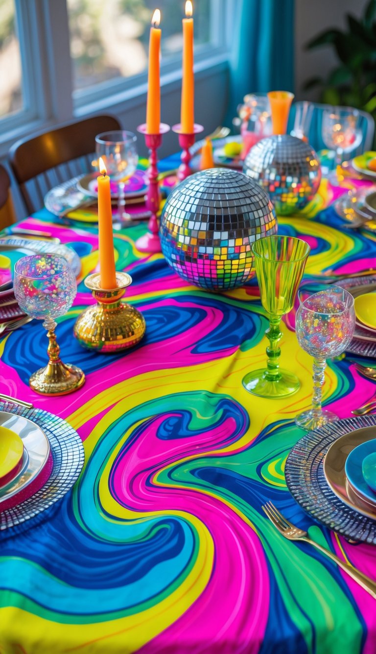 A vibrant table set for a festive event with a colorful swirl patterned tablecloth, disco ball centerpieces, candles, and bright glassware arranged neatly under natural light.