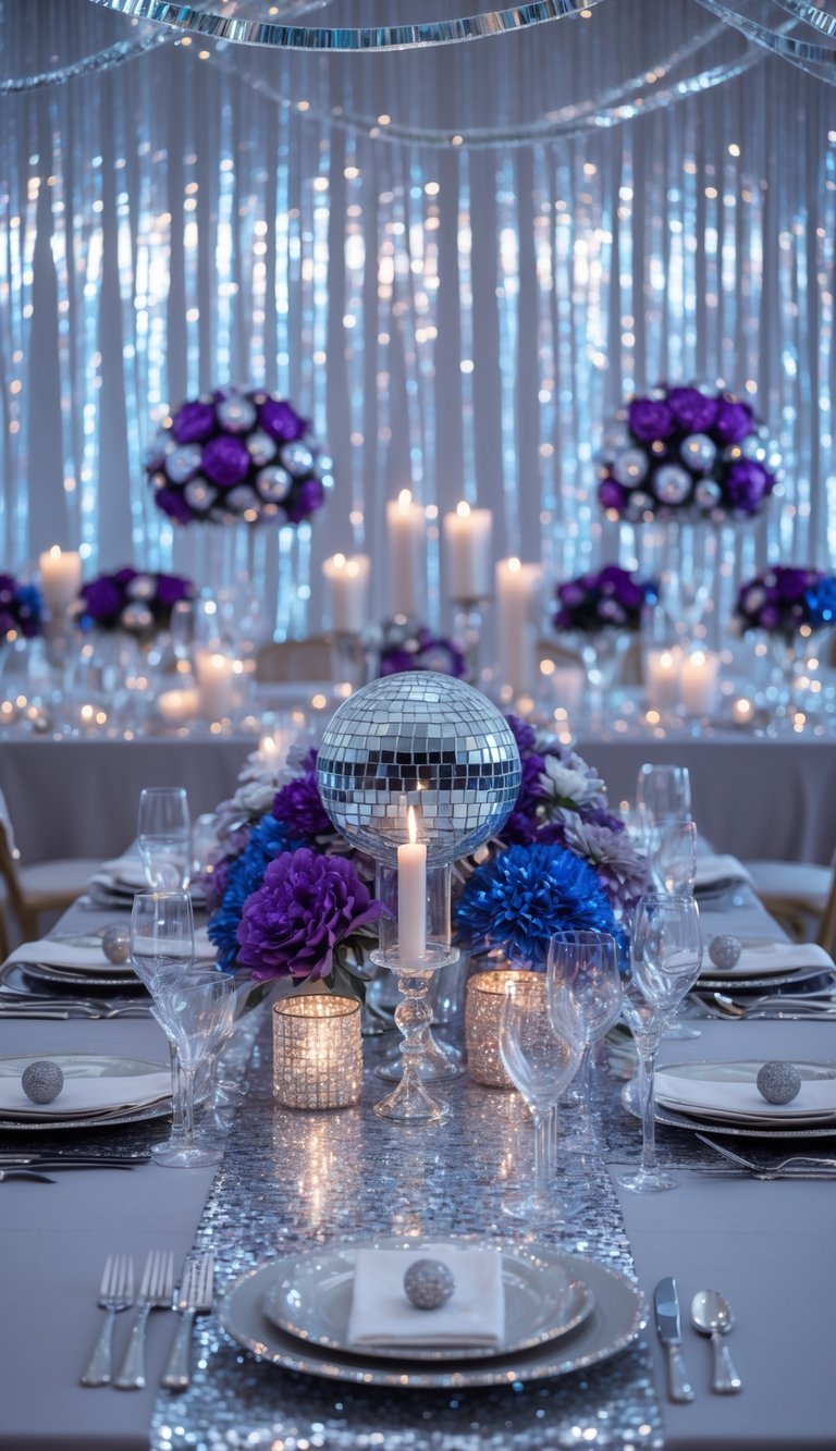 A decorated event table with silver streamer backdrop, disco ball centerpieces, flowers, candles, and elegant table settings.
