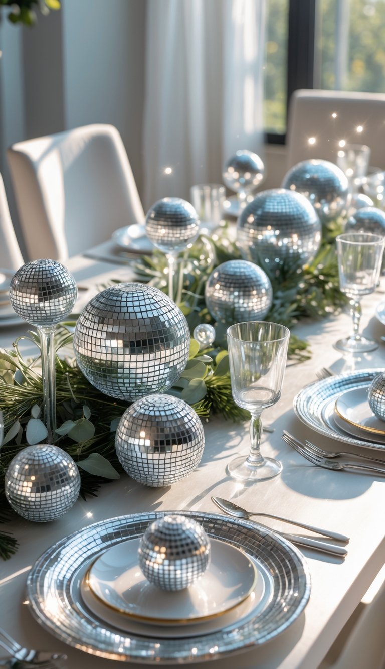 A festive event table set with mini spinning disco balls as favors, elegant place settings, and shimmering disco ball centerpieces under natural light.