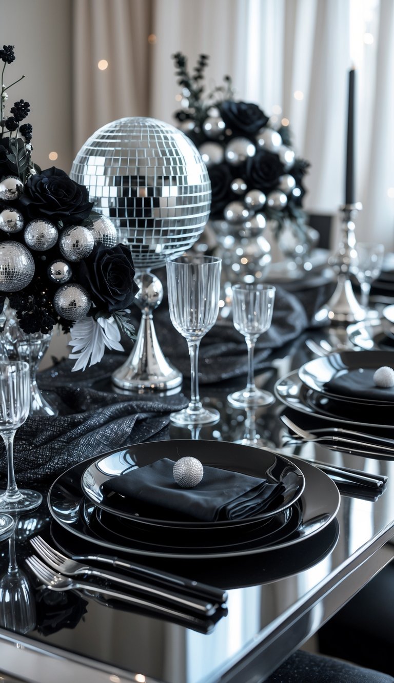 A decorated table set with black and silver plates, silverware, disco ball centerpieces, candles, and floral arrangements under natural light.