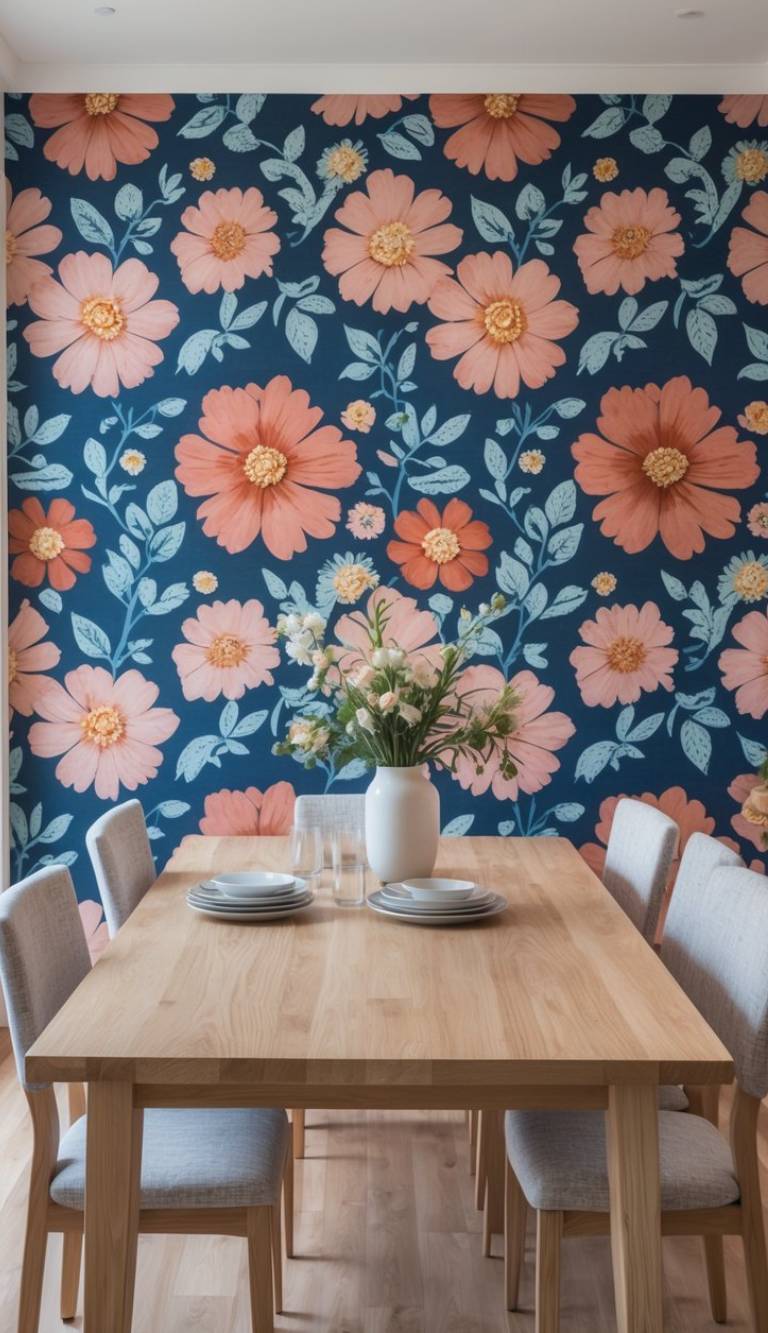 A dining table set with white dishes and glassware in front of a floral accent wall featuring large orange flowers on a blue background, with a white vase of flowers as the centerpiece.