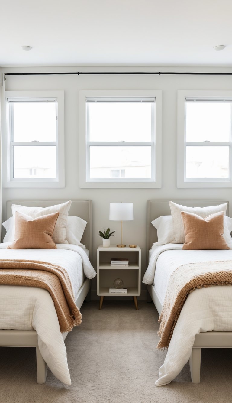 A shared bedroom with two twin beds placed parallel to each other and a nightstand between them, featuring bright natural light and neat bedding.
