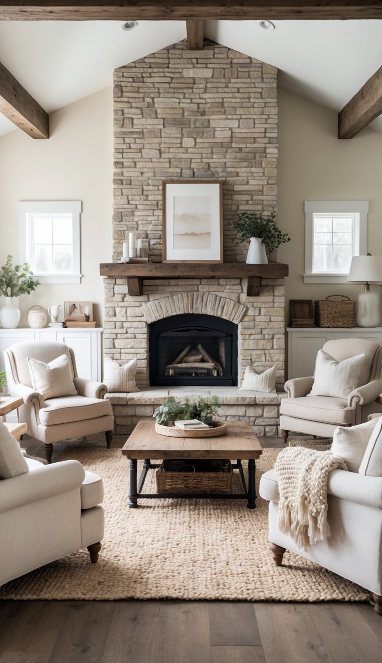 A bright farmhouse living room with seating arranged around a stone and brick fireplace, featuring cozy chairs, a sofa, and textured decor.