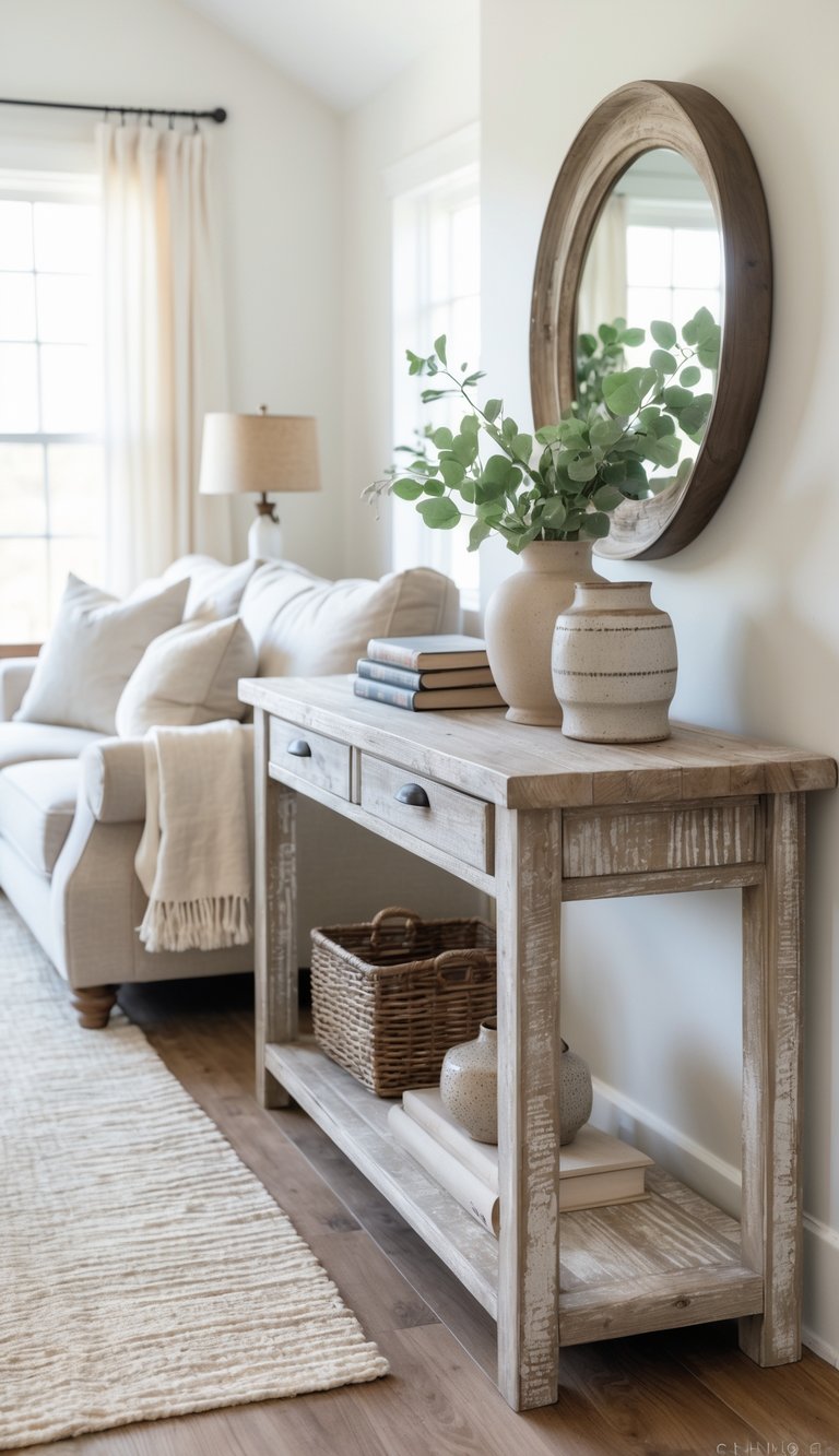 A bright living room with a sofa and a distressed wood console table behind it, decorated with books, a vase, and a lamp.
