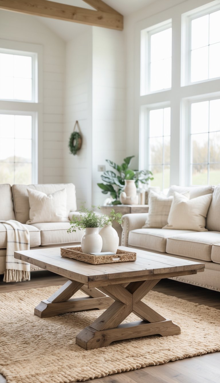 A bright living room with a rustic wooden coffee table, sofa, rug, and plants arranged in a clean and cozy space.