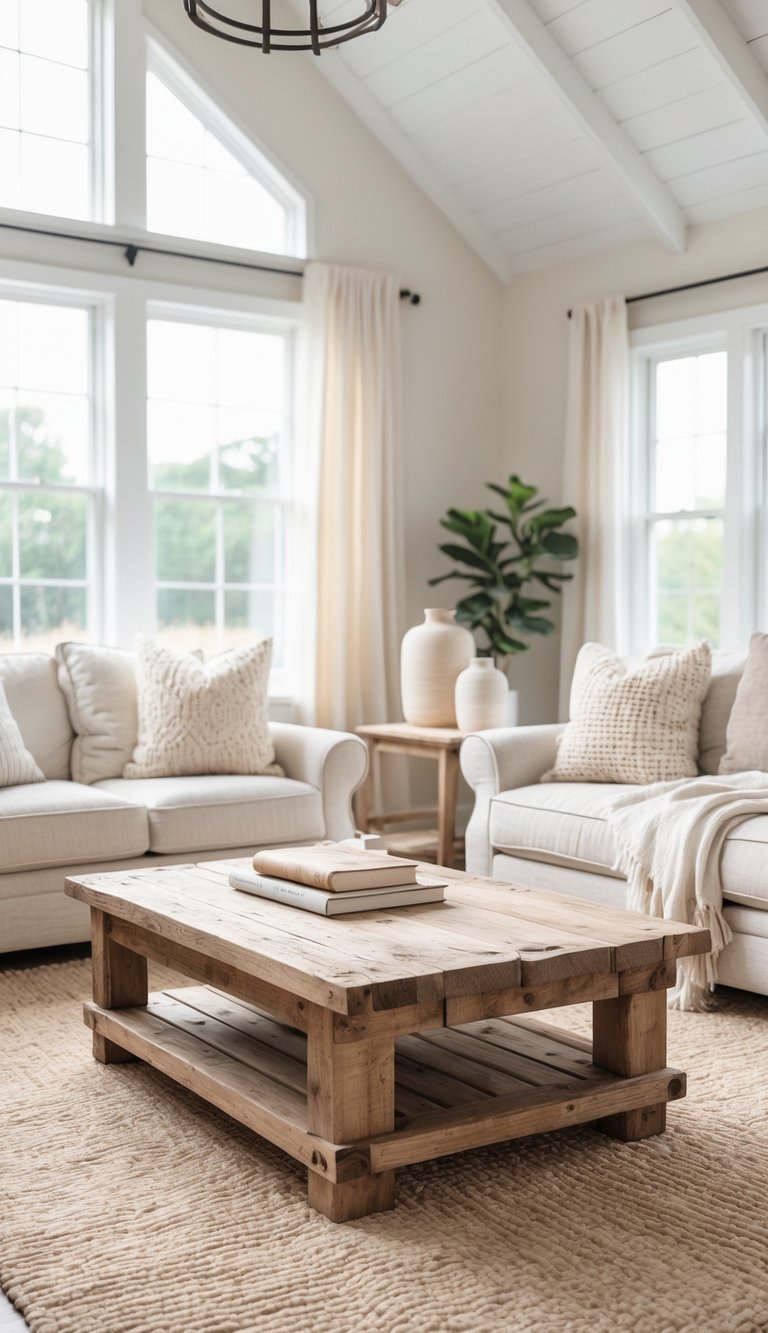 A bright living room with a reclaimed wood coffee table, a linen sofa, and large windows letting in natural light.