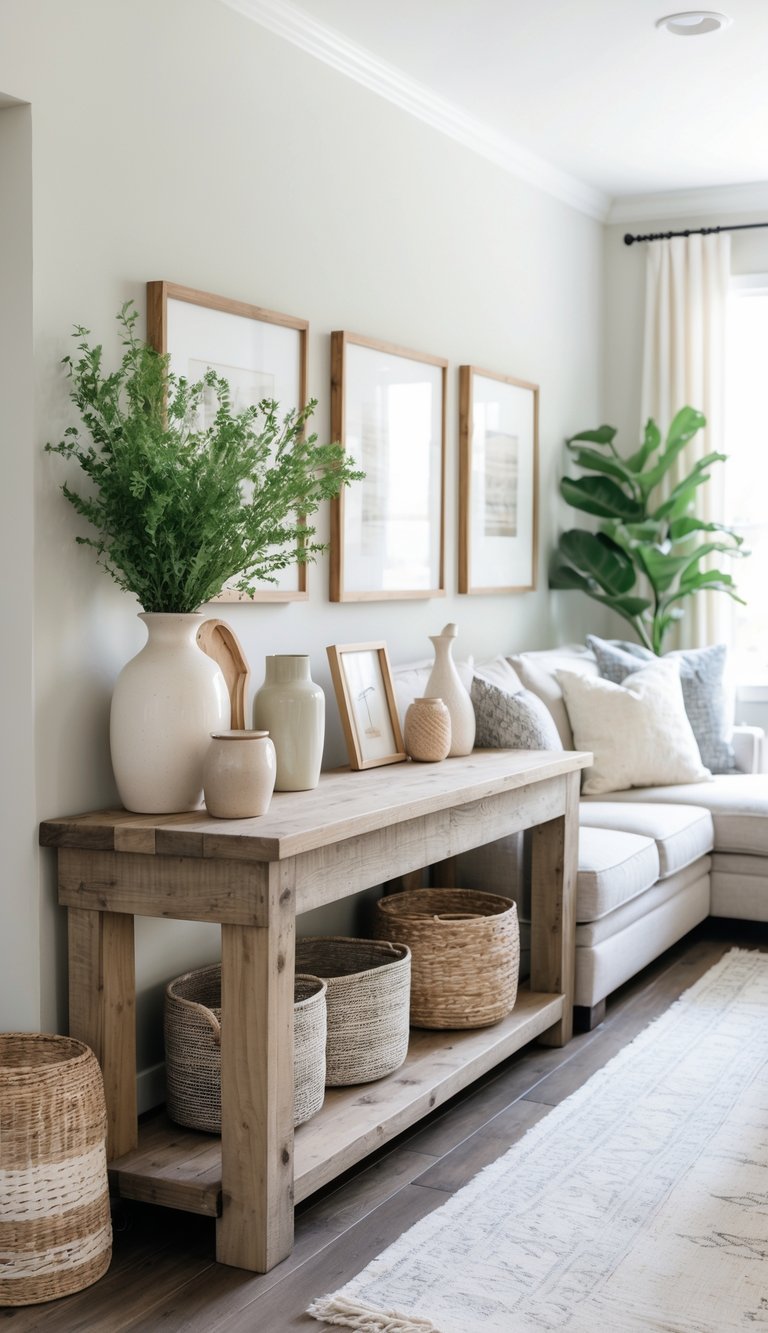 A bright living room with a sofa and a rustic wooden console table behind it, decorated with plants and decorative objects, bathed in natural light.