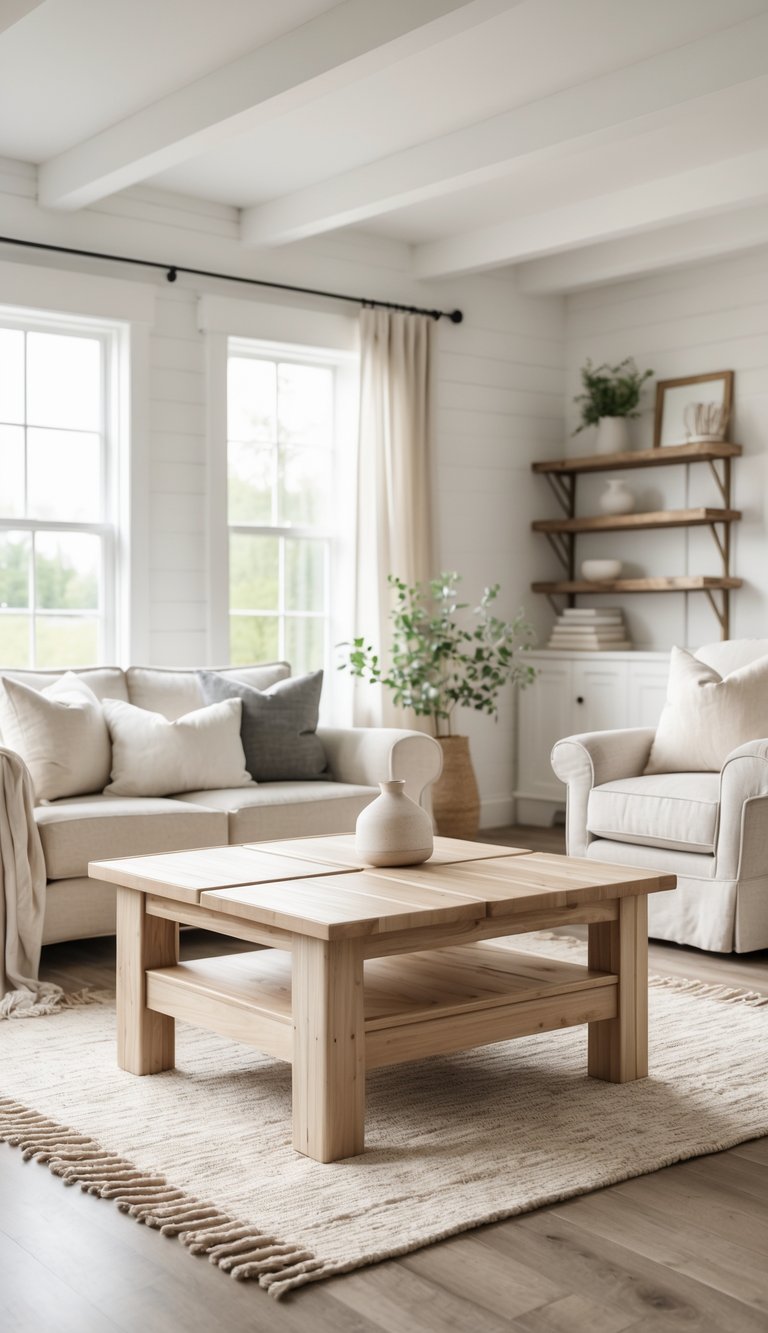 A bright living room with a wooden coffee table, sofa, armchair, and natural light coming through large windows.