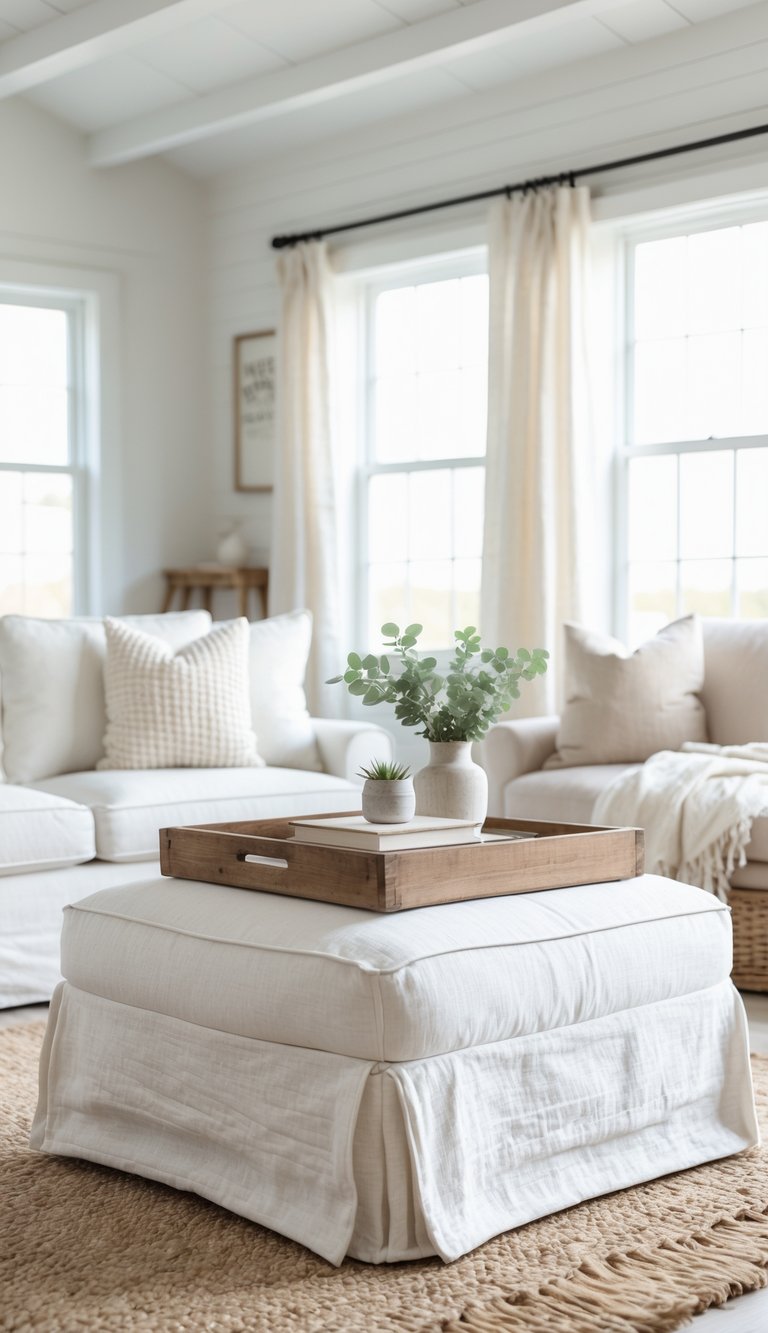 Bright and spacious living room with a white slipcovered ottoman topped by a wooden tray, surrounded by cozy furniture and natural decor elements.