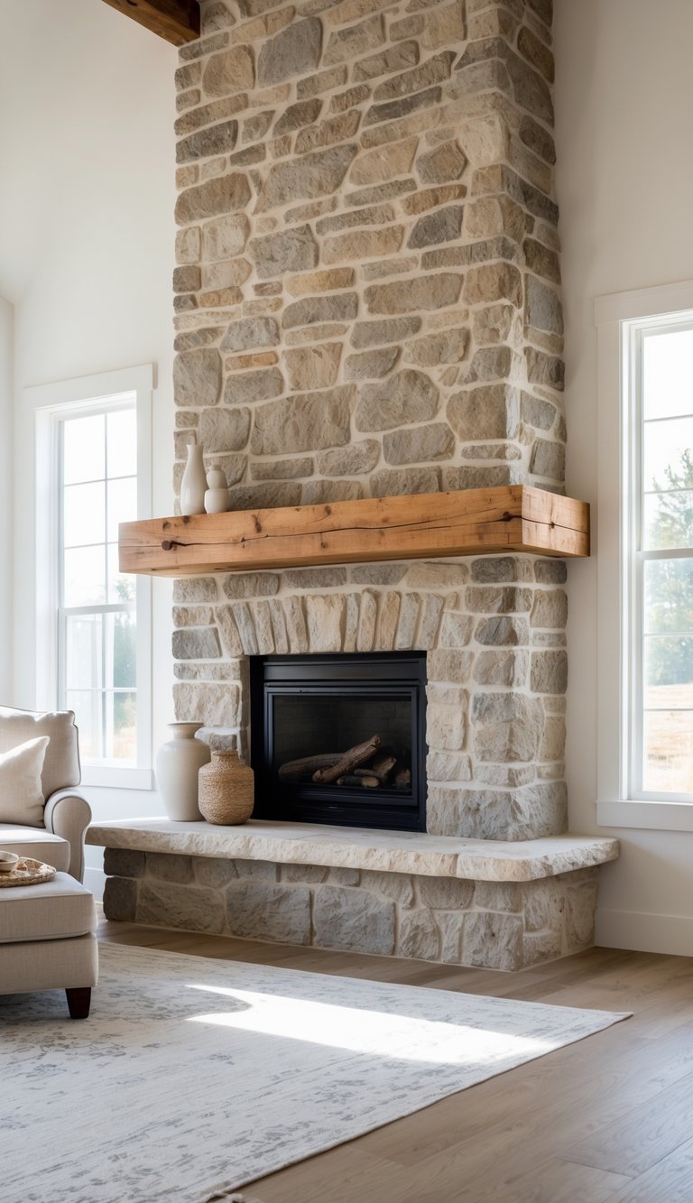 A bright room with a stone fireplace and wooden mantel, featuring a comfortable armchair and simple decor in a clean, inviting space.