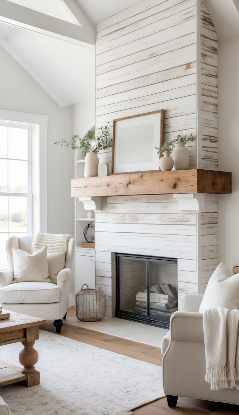 A bright living room with a white distressed wood fireplace mantel, comfortable seating, and simple decorative items arranged neatly.