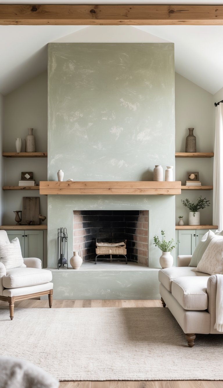 A bright living room with a simple wood beam fireplace mantel surrounded by a soft greige limewash finish, featuring styled furniture and natural light.