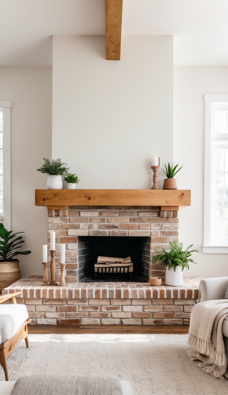 A bright living room with a fireplace featuring a wood beam mantel and an extended brick hearth displaying decorative items, surrounded by styled furniture and natural light.