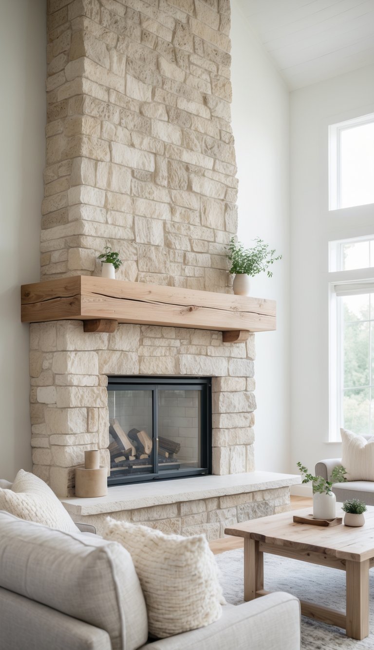 A bright living room with a natural stone fireplace and a weathered oak mantel, featuring a sofa, coffee table, and natural light from large windows.