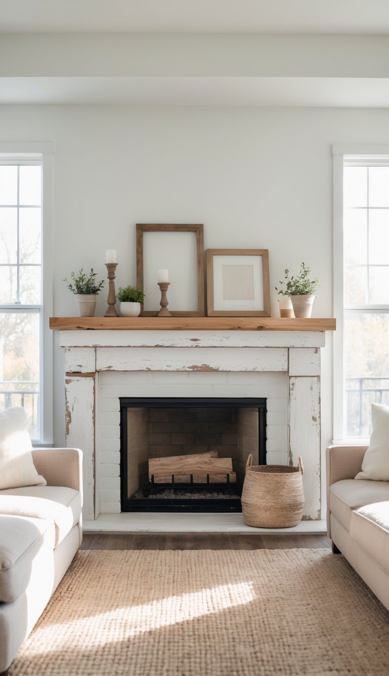 Bright living room with a white distressed fireplace mantel featuring natural wood accents, a sofa, coffee table, and simple decor in a clean and inviting space.