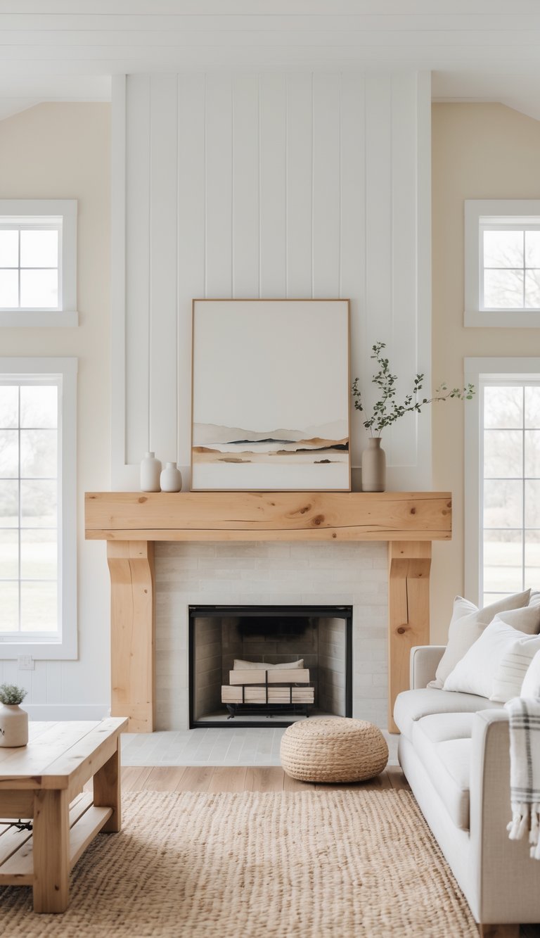 A bright living room with a farmhouse fireplace mantel holding a neutral landscape artwork, styled furniture, and natural wood decor.